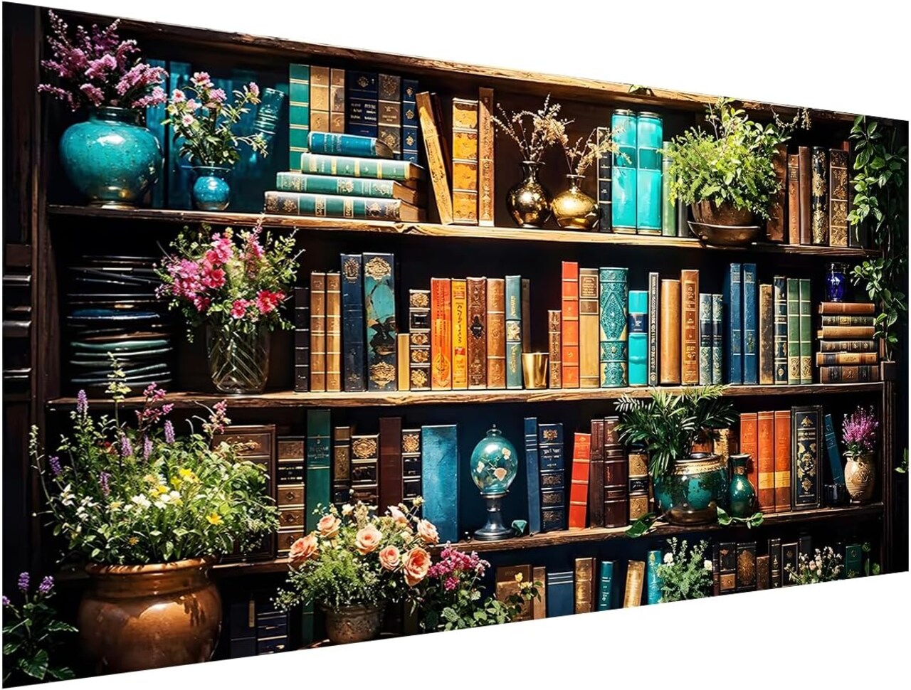 5D Bookshelf & Blooms Large Diamond Art Kit for Adults – 27.5 x 15.7 Inch Cozy Library Diamond Painting with Books & Flowers, DIY Full Drill Gem Craft Kit, Gift for Book Lovers & Beginners